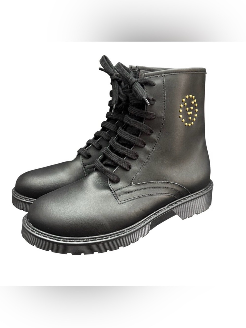 Valentino Black Combat Boots with Gold Stud Logo Size 10